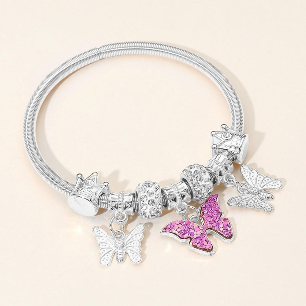 Dozen Elegant Silver and Pink Butterfly Charm Bracelet